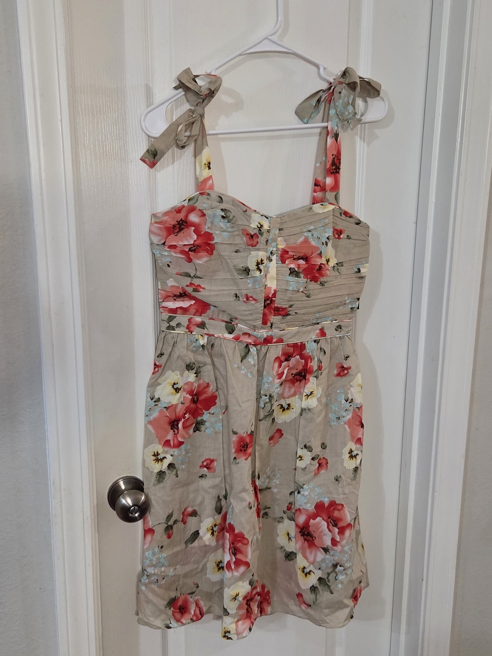 Miss Sixty Beige Floral Tie-Shoulder Mini Dress with Red and Pink Blooms